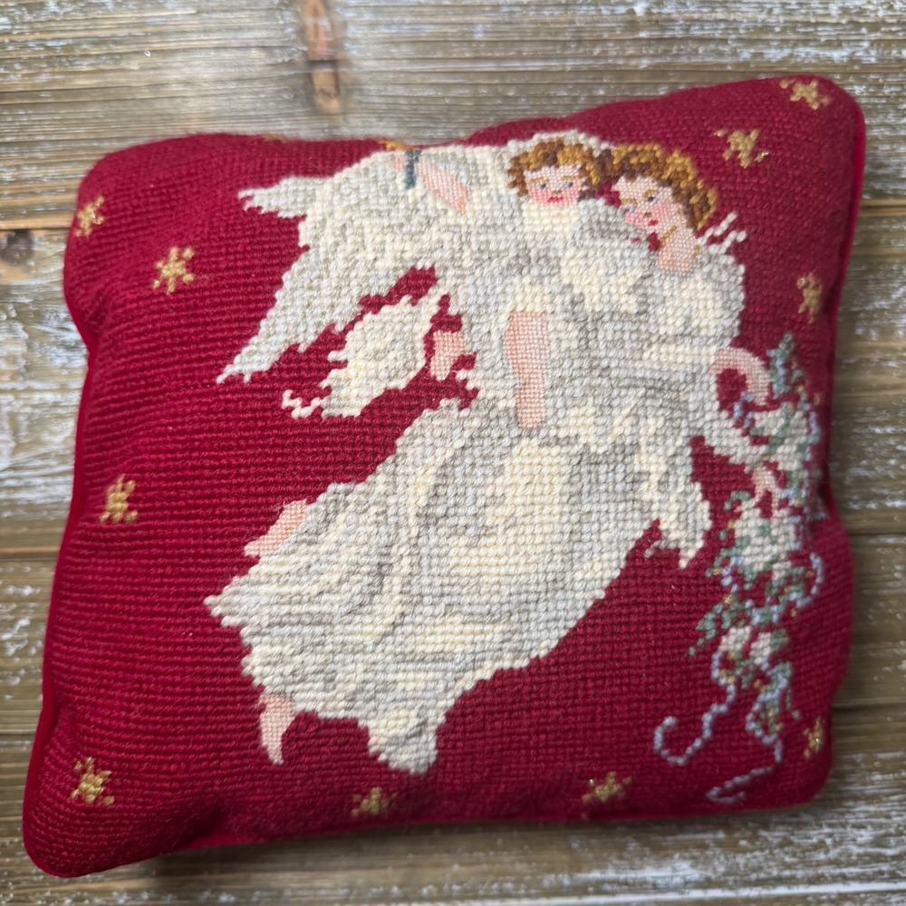Vintage Needlepoint Angel Throw Pillow Grannycore 9x9 Twee Christmas Cottagecore